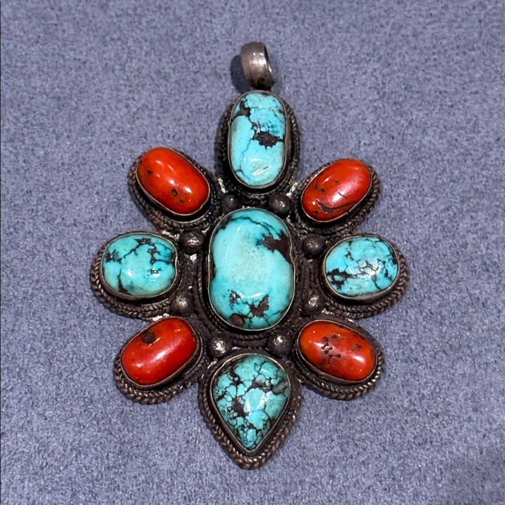 Sterling Silver Turquoise and Red Coral Stone Pendant